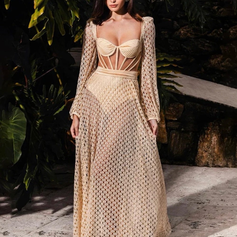 Elegant PATBO Beige Crochet Maxi Dress